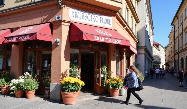 Widok ulicy przed Kwiaciarnią Kwiaty Polskie w Krakowie